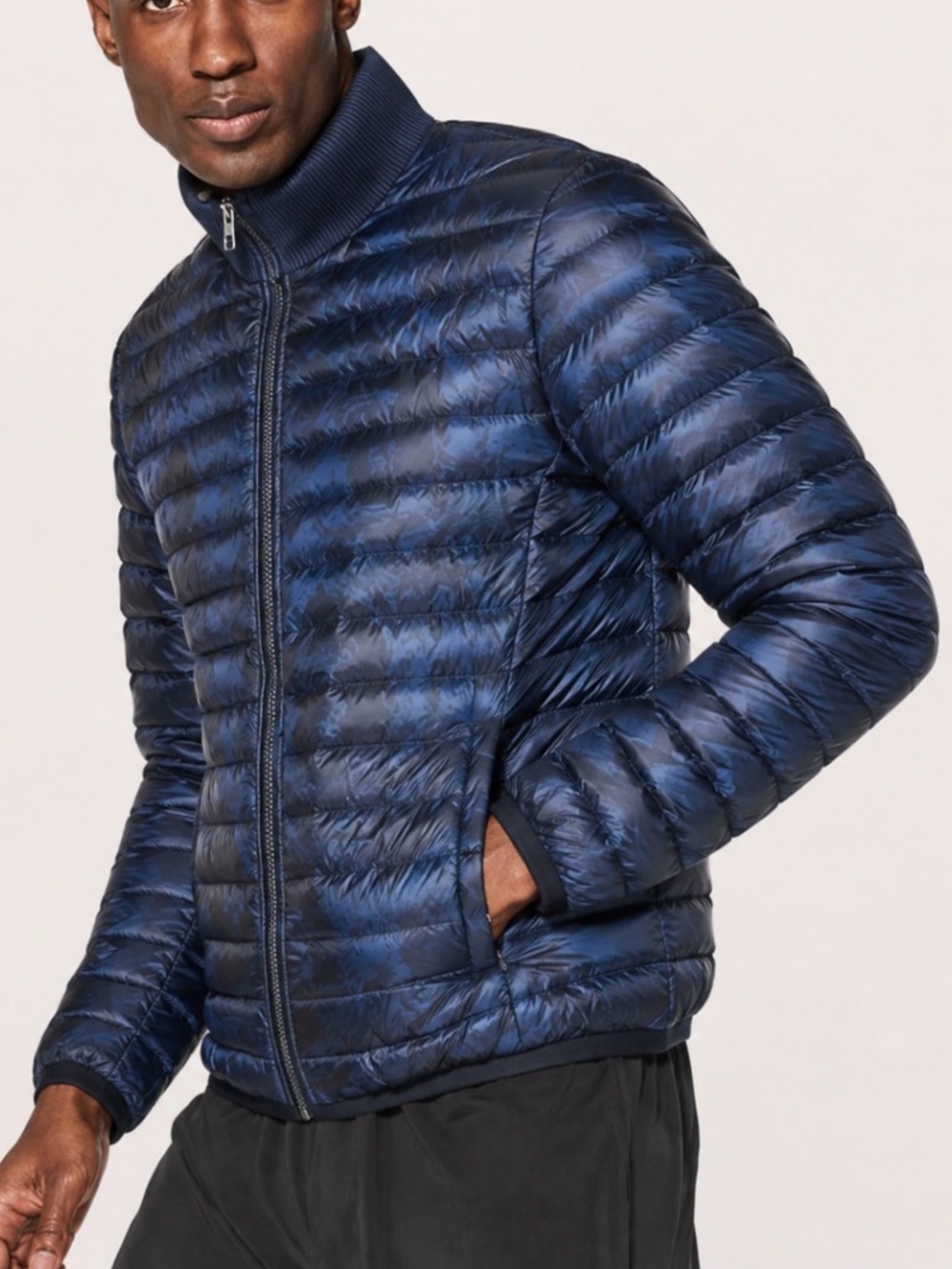 Bikkenbergs Reversible Down Bomber Jacket- Camo Black/Blue and Blue
